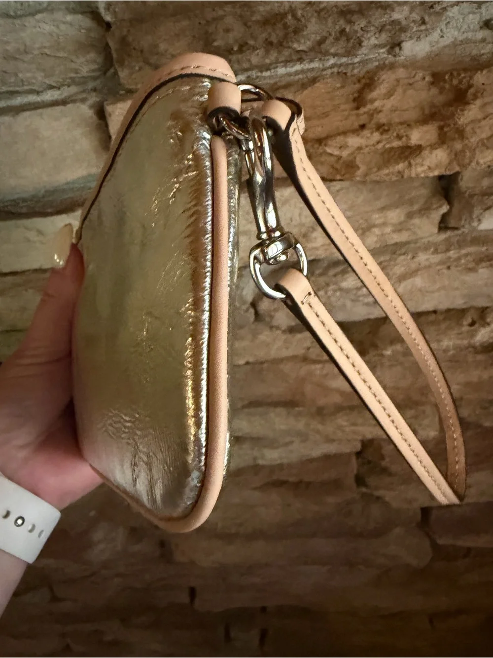 Coach Metallic Silver Wristlet Clutch Wallet Phone Bag Nude Trim Detach Strap